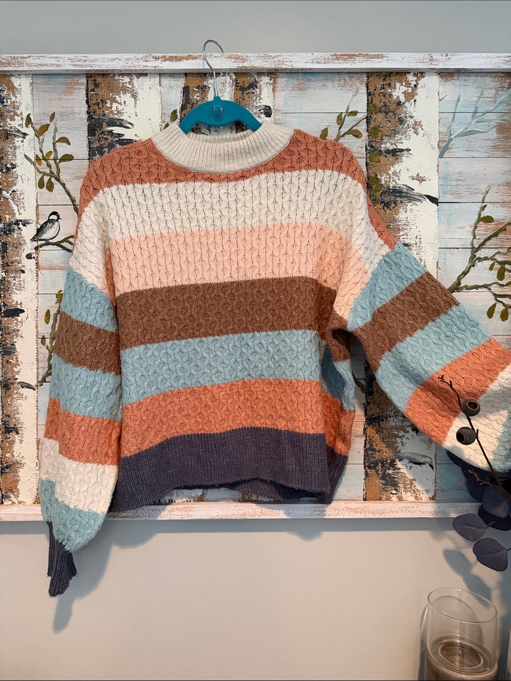 89th & Madison Multicolor Striped Cable-Knit Sweater in Peach, Cream & Blue-Grey